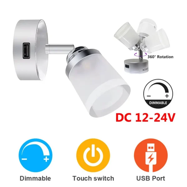 Dimmable Camper Light DC 12-24V 3W Van Caravan Boat Bedside Lamp Wall Light 3 Colors Touch Switch RV Interior LED Lighting